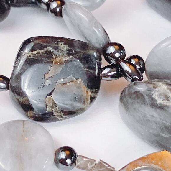 VTG Agate Hematite Necklace Y2K Polished Stone Chunky Beaded Toggle Clasp - Picture 9 of 10